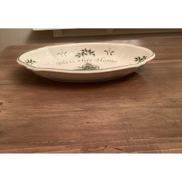 SPODE CHRISTMAS TREE “BLESS THIS HOME “ HOLIDAY SERVING TRAY 11" X 7"     NIB - Picture 9 of 9